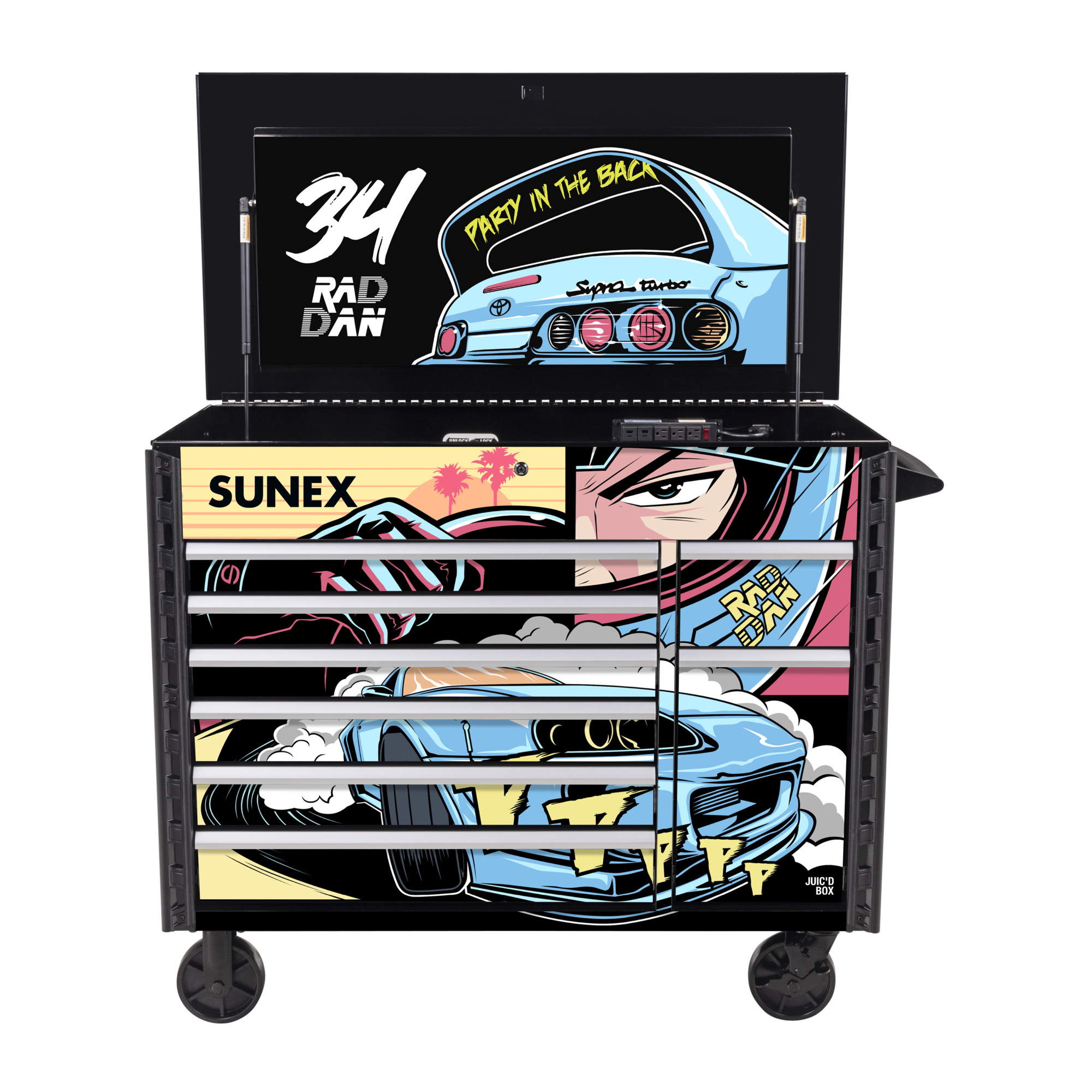 Sunex Tools, RAD DAN MANGA DESIGNED JUIC’D BOX 50” 7 DRAWER POWERED CART, Model: 8065PCBKRADDAN